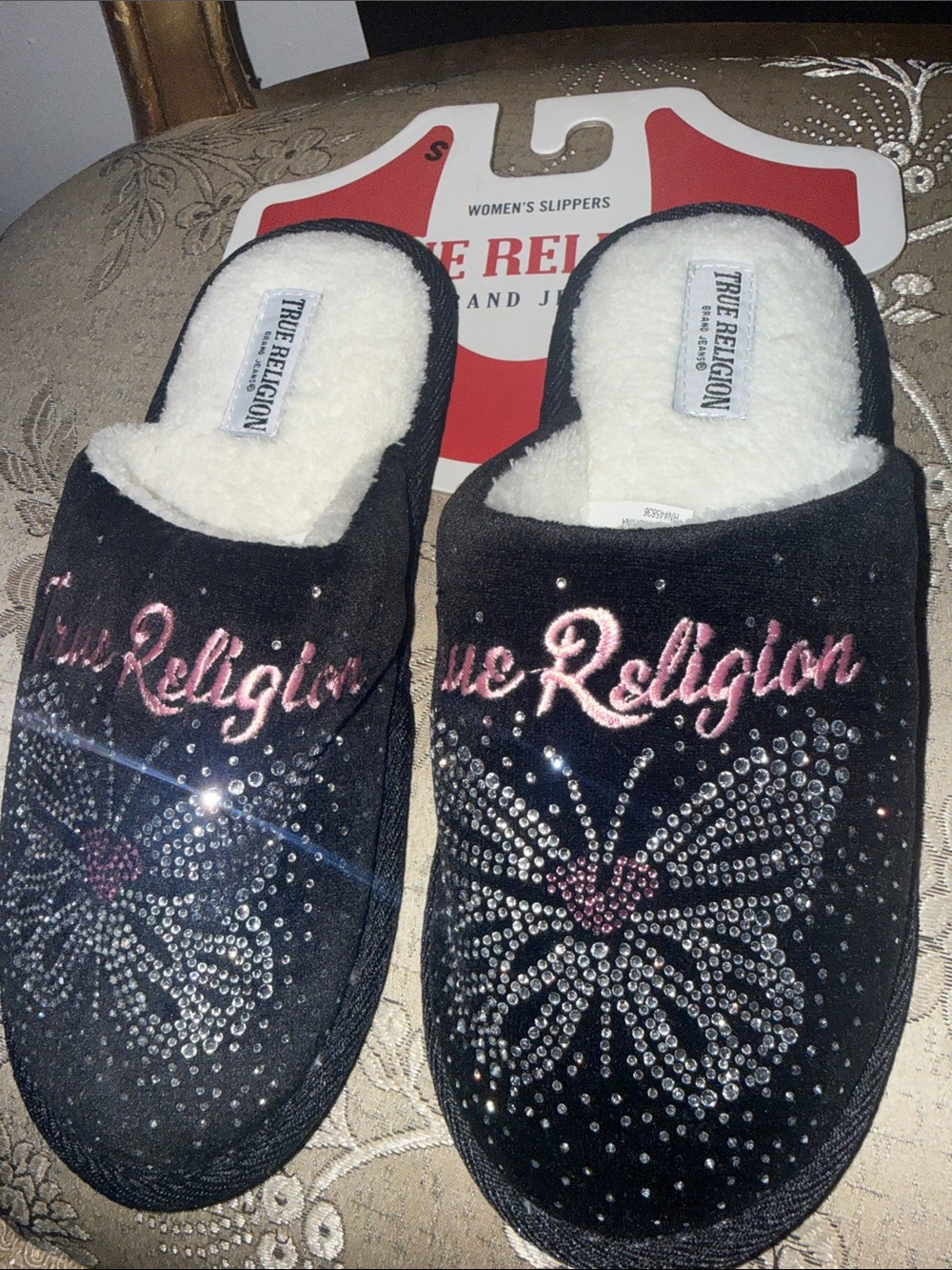True Religion Black Crystal Butterfly Slippers with Pink Logo